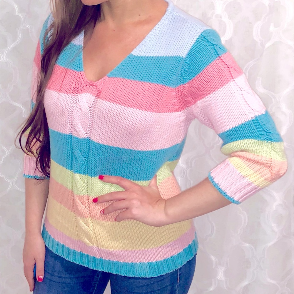 Club Crest blue pink yellow green stripe medium thick knit vneck sweater top S
